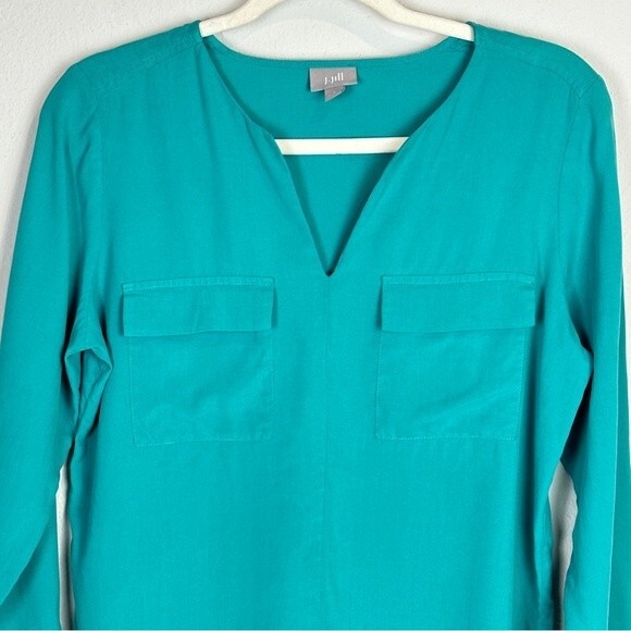 J. Jill Turquoise Silk Long Sleeve V-Neck Top S - Picture 2 of 8